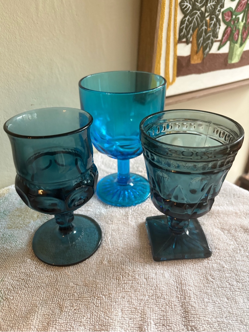 Mismatched Vintage Blue Glass Goblets / Stemware – Set of 3 (MCM / Retro)